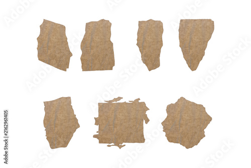 Ripped craft paper scraps set torn cardboard piece collection kraft page fragment banner isolated on white background vector illustration