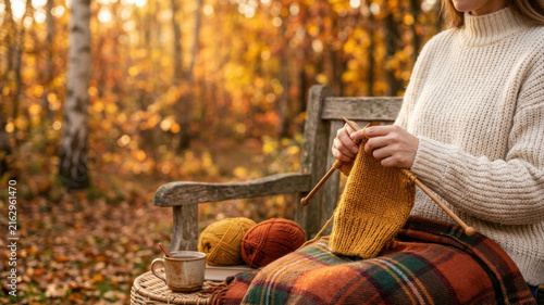 Woman Knitting Mustard Yellow Woolen Sweater on Park Bench in Autumn Forest