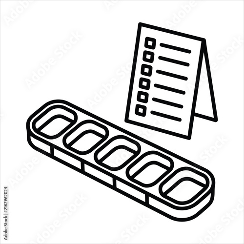 Isometric line art illustration showing a watercolor paint palette and a checklist paper card