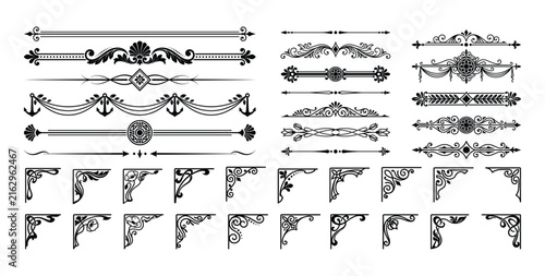 Decorative corner and divider vector illustration set with ornate filigree scroll work.