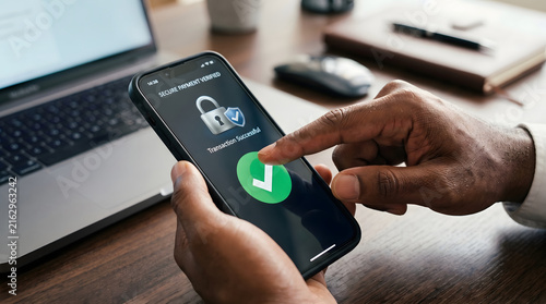 Close up of African American hands holding a smartphone with a secure payment verified and transaction successful screen for mobile banking apps.