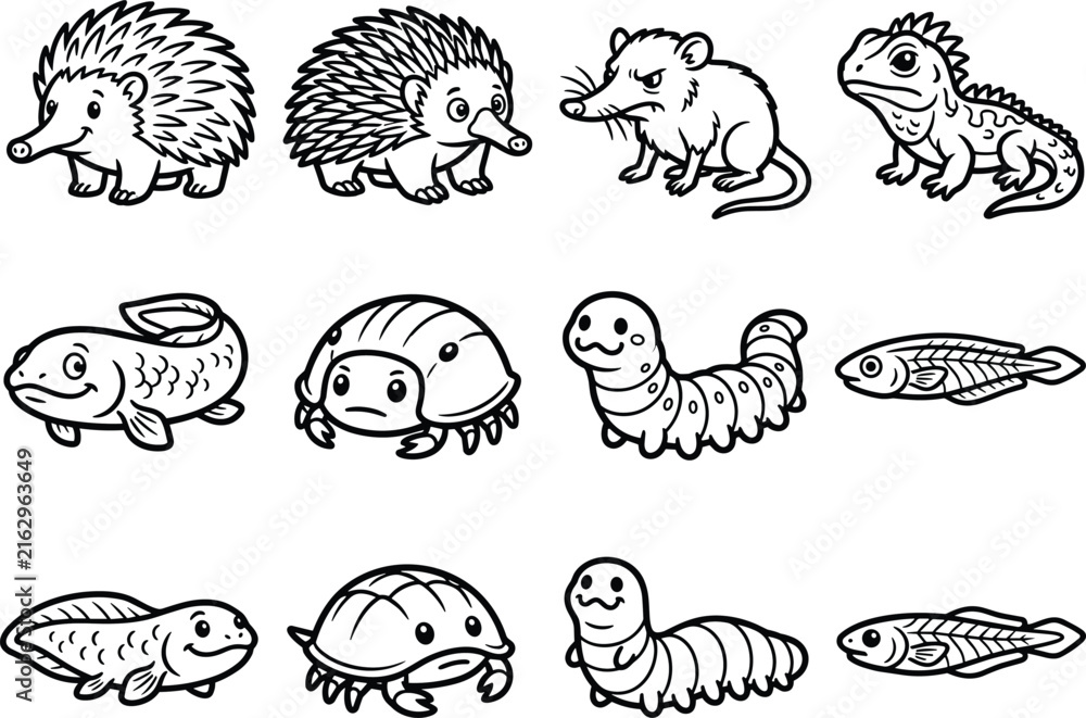 Fototapeta premium Cute Wildlife Animal Silhouette Vector Collection Featuring Small Mammals Fish and Reptile Illustrations