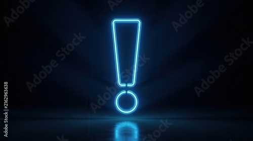 Electric blue neon exclamation mark symbol representing attention and warning on a dark surface.