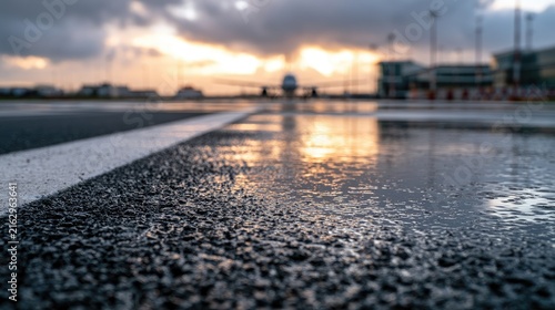 Wet tarmac reflections of a distant plane under dramatic sunset clouds
