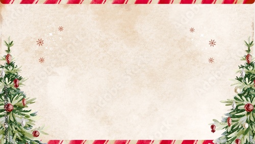 Vintage paper christmas background presentation with decorated pine trees and candy border
