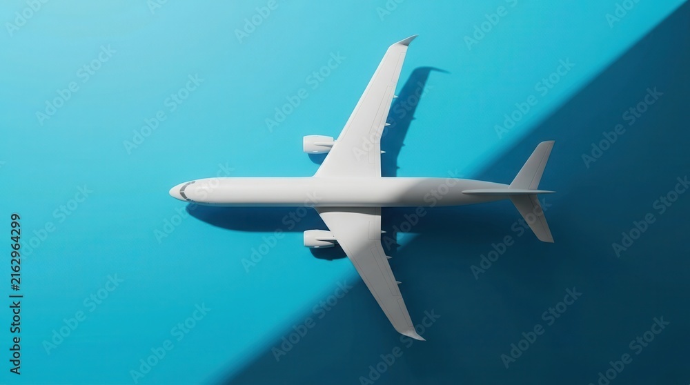 Naklejka premium Top view of a white jet model airplane on a blue background for aerospace design.