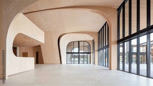 Modern Interior Architecture Design with Curved Walls and Large Windows.