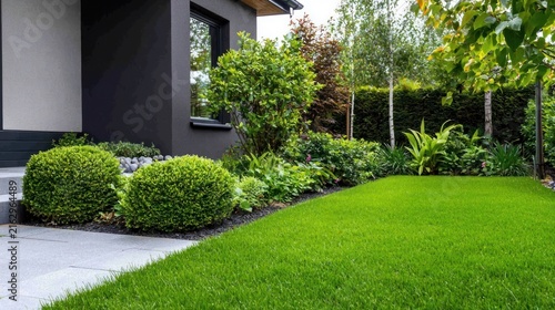 Modern House Exterior With Lush Green Landscaped Garden.