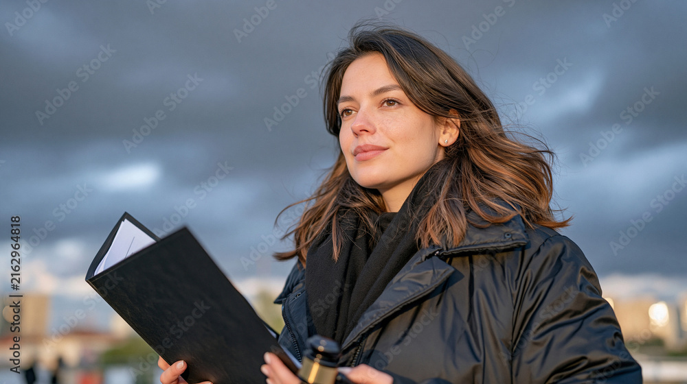 Obraz premium Insurance underwriter reviews a property assessment folder over an overcast dramatic sky rooftop, viewed from over the shoulder as she holds a miniature gavel symbolizing her authority to finalize c