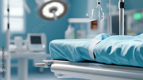 Patient on operating table in modern hospital operating room with medical equipment.