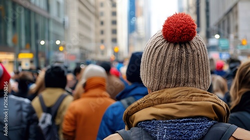 Person wearing a winter hat with a red pompom walks through a crowded city street.
