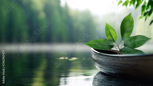 Serene Boat with Green Leaves on Calm Water Surrounded by Forest.
