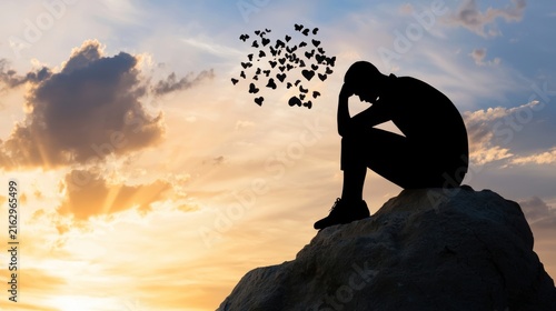 Silhouette of a person sitting on a rock with birds flying away.