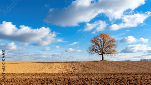 Solitary Tree in a Vast Field Under a Blue Sky with Clouds.