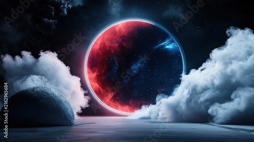 Surreal glowing planet with spaceship flying through clouds in dark sky.