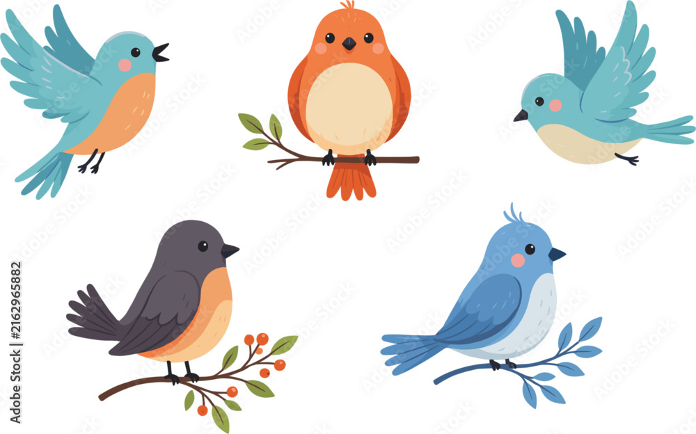 Obraz premium Cute Little Birds Vector Illustration Set featuring Cartoon Bluebirds, Red Finch, and Sparrows Perched on Tree Branches and Flying Freely