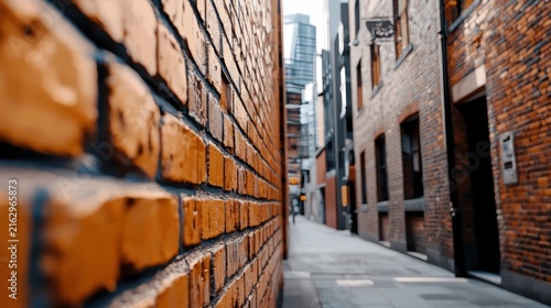 Urban Alleyway with Brick Walls and Distant Cityscape.