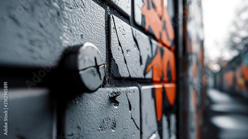 Urban graffiti art on a brick wall with a close-up view of a bolt.