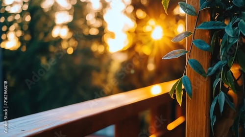 Warm Golden Sunset Over Lush Green Trees and Wooden Railing.