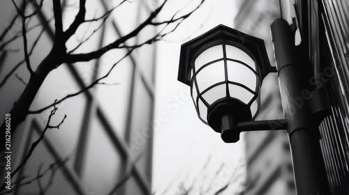 Vintage Street Lamp Against Modern Building Architecture Black and White.