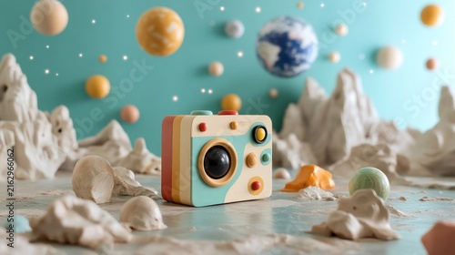 Whimsical camera in a surreal alien landscape with floating planets.