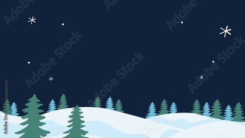 Dark blue winter night background presentation with snowy pine forest and stars