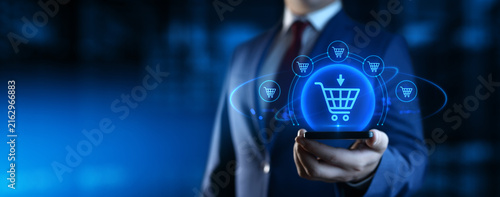 Businessman Holding Smartphone with E-Commerce and Retail Icons on Screen. E-Business and Shopping Concept