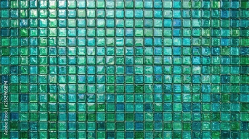 Green glass mosaic wall texture with reflections and geometric pattern