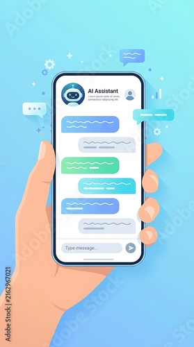 Chatbot concept isolated on blue background, robot assistant icon, smart service technology, mobile phone with artificial intelligence messaging app