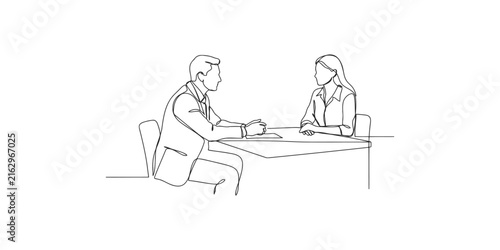 Continuous single line drawing of a man and woman having a business meeting at a desk