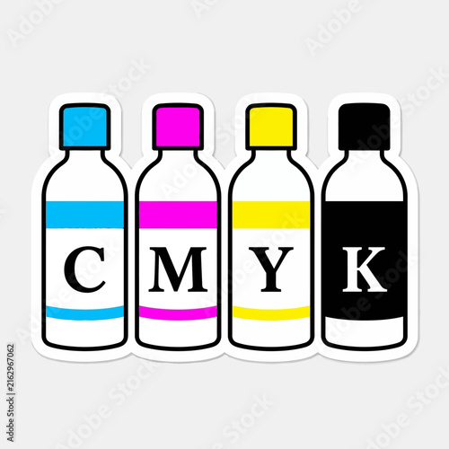 CMYK printer ink bottles sticker set.