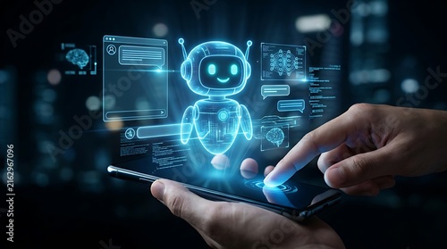 Futuristic robot concept with AI and digital interface on smartphone. Hologram of cute bot. Artificial intelligence illustration. Cybernetic technology design. Data analysis icon.