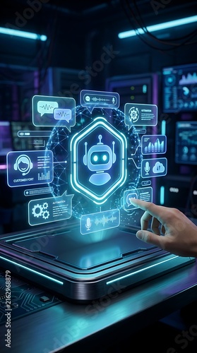 Futuristic AI chatbot interface with glowing neon icons. Digital customer support assistant hologram. Artificial intelligence technology concept.