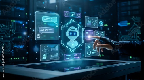 Futuristic AI chatbot interface in data center, artificial intelligence assistant hologram, digital customer service technology