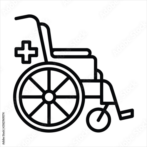 Simple linear icon of a medical wheelchair for healthcare and patient mobility concepts