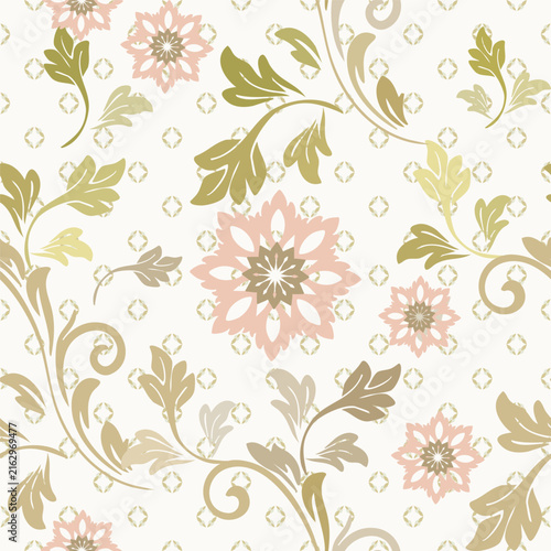 Elegant Soft Pink Floral and Cream Leaf Pattern with Small Diamond Shapes on White Background – Delicate Seamless Design for Clothing, Fabric, Textile, Prints and Decorative Products