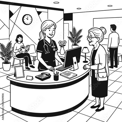 Clinic reception desk with staff and patients.
