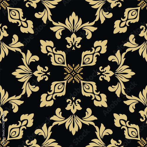 Elegant Thai Golden Floral Pattern on Black Background – Traditional Flower Ornament for Fabric, Textile, Home Decor, Souvenirs, Wallpaper, and Seamless Vector Design