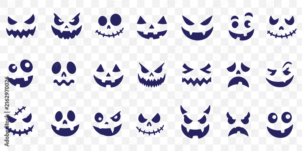 Fototapeta premium Halloween pumpkin carving faces set, 28 spooky jack-o-lantern expressions, black vector silhouettes for autumn holiday decor 