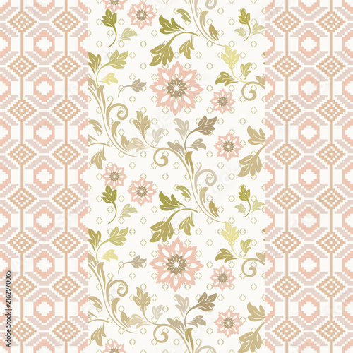 Soft Pink Floral and Cream Leaf Geometric Pattern with Small Diamond Shapes and Delicate Border – Elegant Seamless Design for Clothing, Fabric, Textile, Prints and Decorative Products