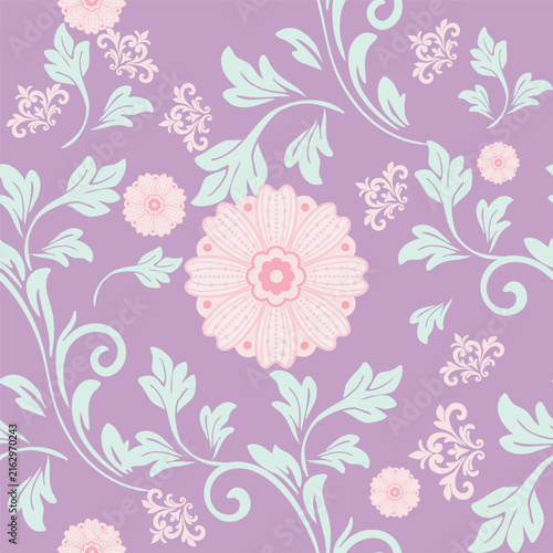 Soft Pink Floral and Pastel Green Branch Pattern on Light Purple Background – Sweet Elegant Botanical Design for Clothing, Fabric, Textile, Wallpaper and Decorative Objects