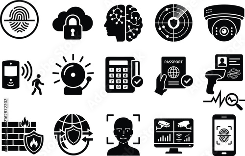 Vector security icons set featuring biometrics facial recognition fingerprint and digital data protection technology symbols