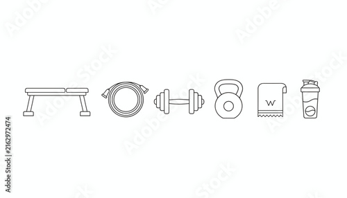 Collection of minimalist line icons representing classic gym gear like a weight bench, jump rope, and kettlebell.