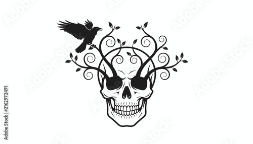 Gothic black and white design showing a human skull with twisting branches growing from its eyes and a perched crow.