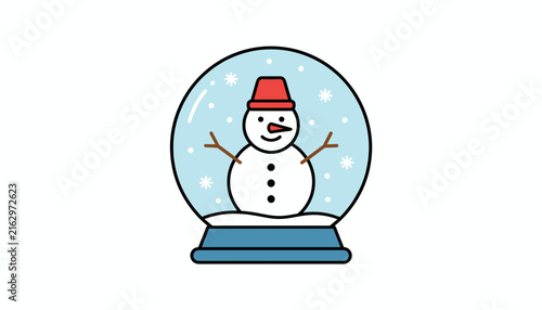 Fabulous glass snow globe featuring a cute snowman wearing a red bucket hat amidst falling snowflakes on white.
