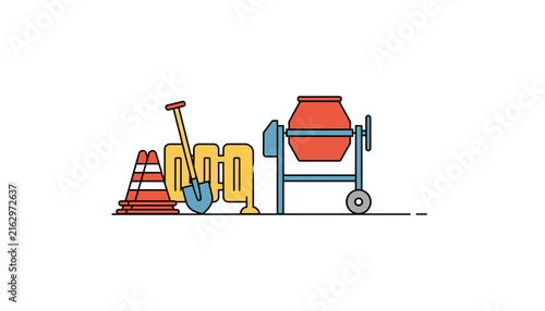 Flat design color illustration of construction equipment including cones, a shovel, barrier, and a cement mixer.