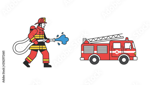 Action-oriented color illustration of a firefighter spraying water from a hose next to a red fire truck engine.