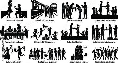 Vector silhouettes of social celebrations life milestones family gatherings and community events collection for creative projects