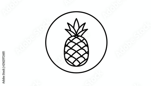 Cute minimalist line art pineapple icon featuring a tropical fruit outline inside a perfect black circular border.