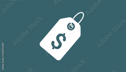 Minimalist simple white retail price tag icon featuring a bold dollar sign cut-out on a dark blue-green background.
